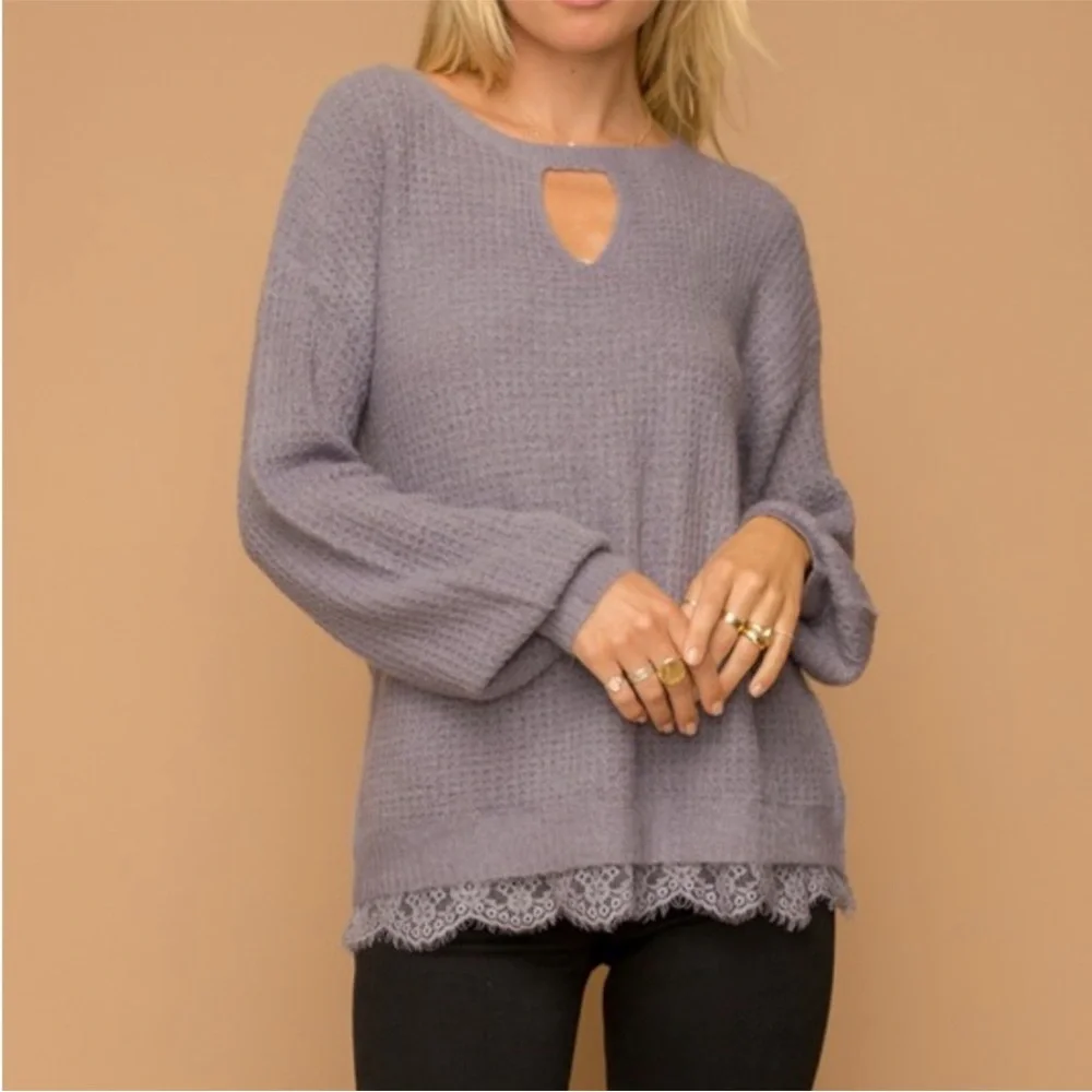 NWT Hem & Thread Waffle Knit Sweater Lace Trim Bottom Beautiful Lilac Color - Picture 6 of 16
